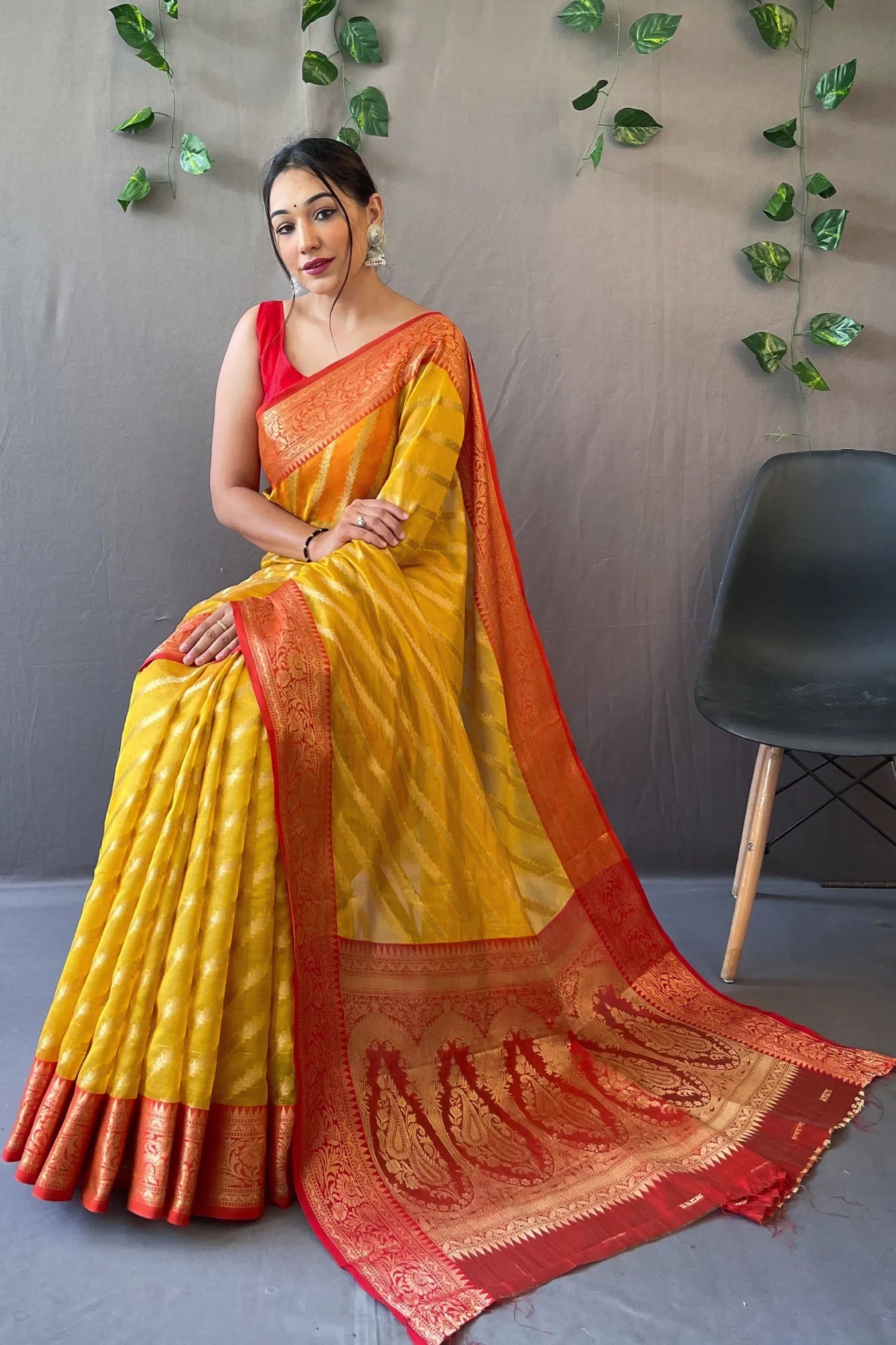 Yellow Colour Contrast Woven Organza Leheriya Silk Saree