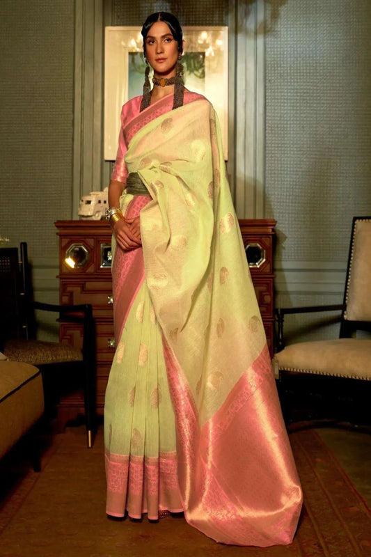 Yellow Colour Copper Zari Woven Cotton Linen Silk Saree