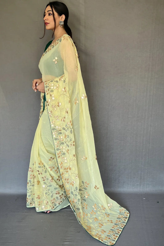 Yellow Colour Embroidered Wedding Wear Georgette Silk Saree