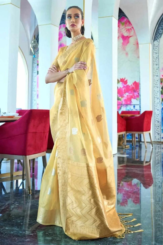 Yellow Colour Fancy Zari Woven Wedding Wear Organza Silk Saree