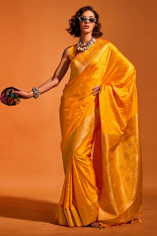 Yellow Colour Floral Weaving Design Satin Silk Saree