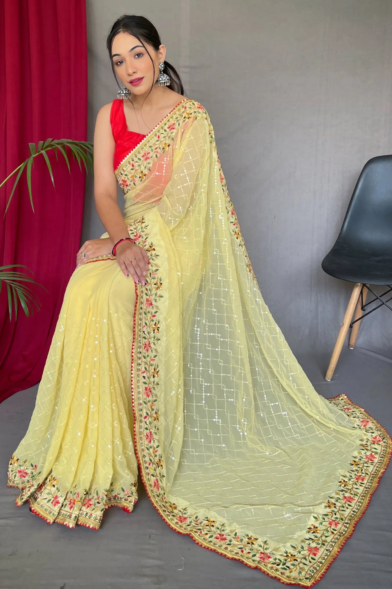 Yellow Colour Georgette Sequence Designer Embroidered Silk Saree