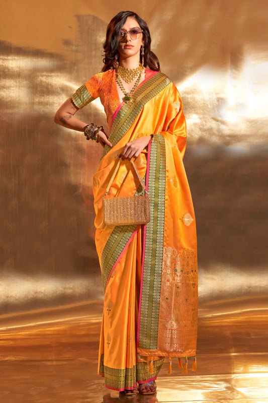 Yellow Colour Contrast Handloom Weaving Satin Silk Saree