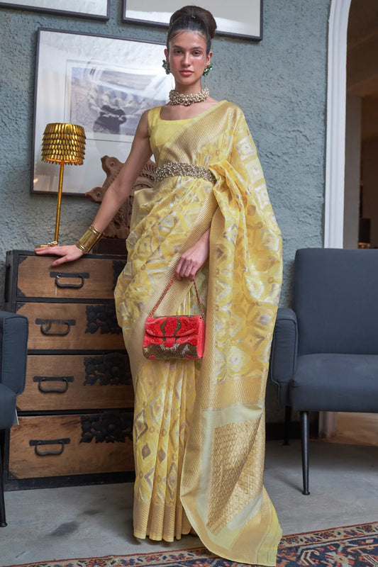 Yellow Colour Handloom Woven Linen Silk Saree