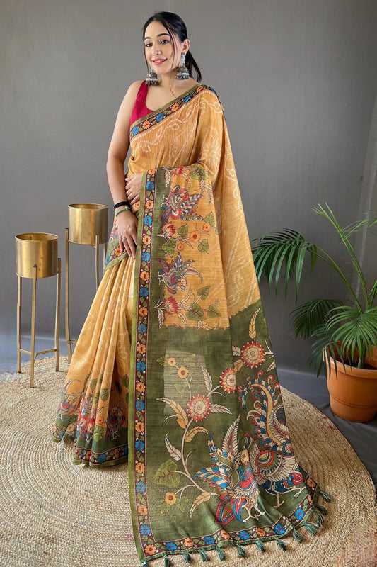 Yellow Colour Handpainted Tussar Silk Saree