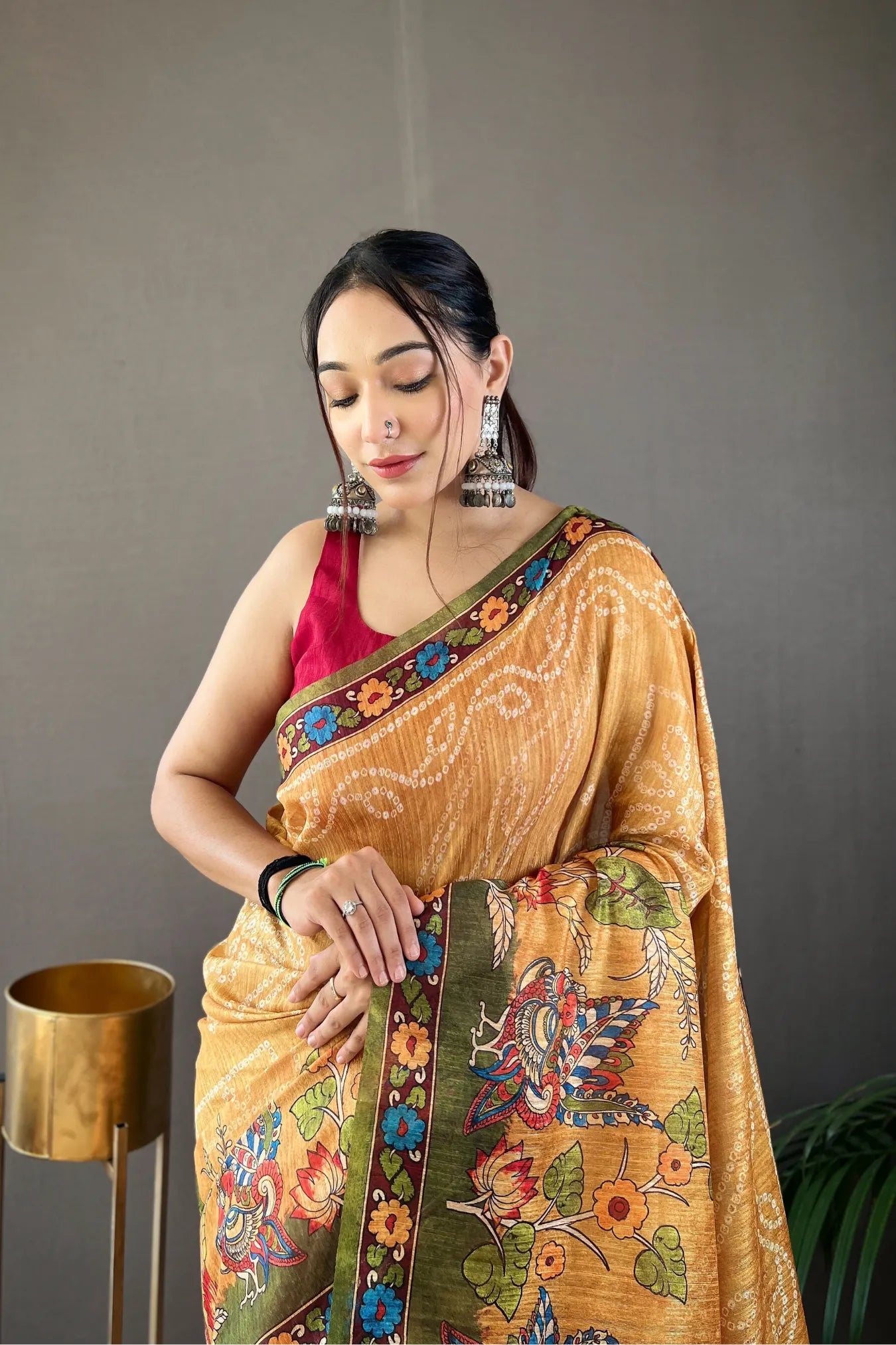 Yellow Colour Handpainted Tussar Silk Saree