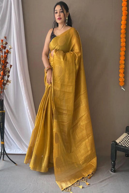 Yellow Colour Organza Tissue Silk Gold Zari Woven Saree
