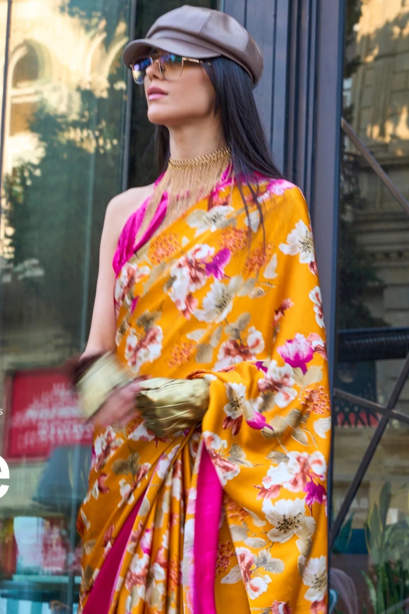 Yellow Colour Printed Designer Satin Silk Saree