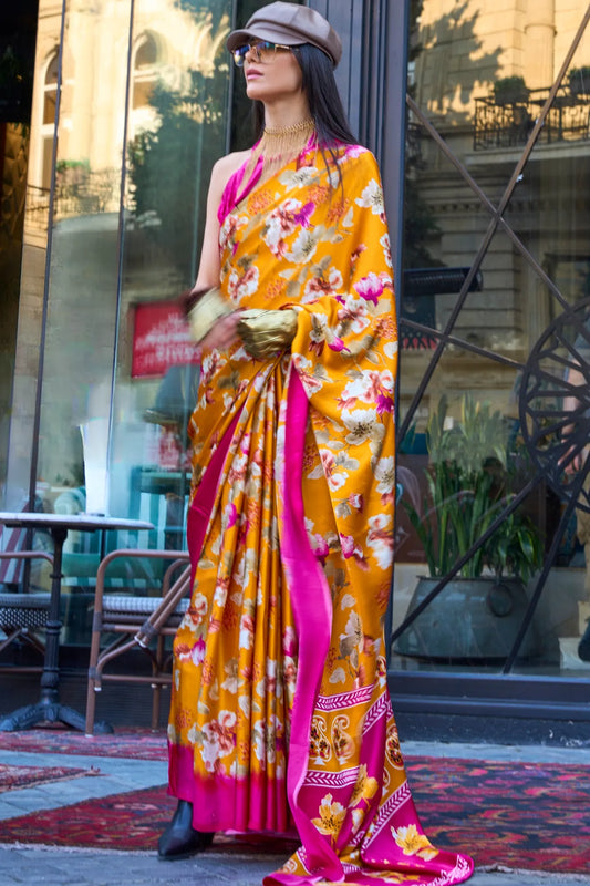 Yellow Colour Printed Designer Satin Silk Saree