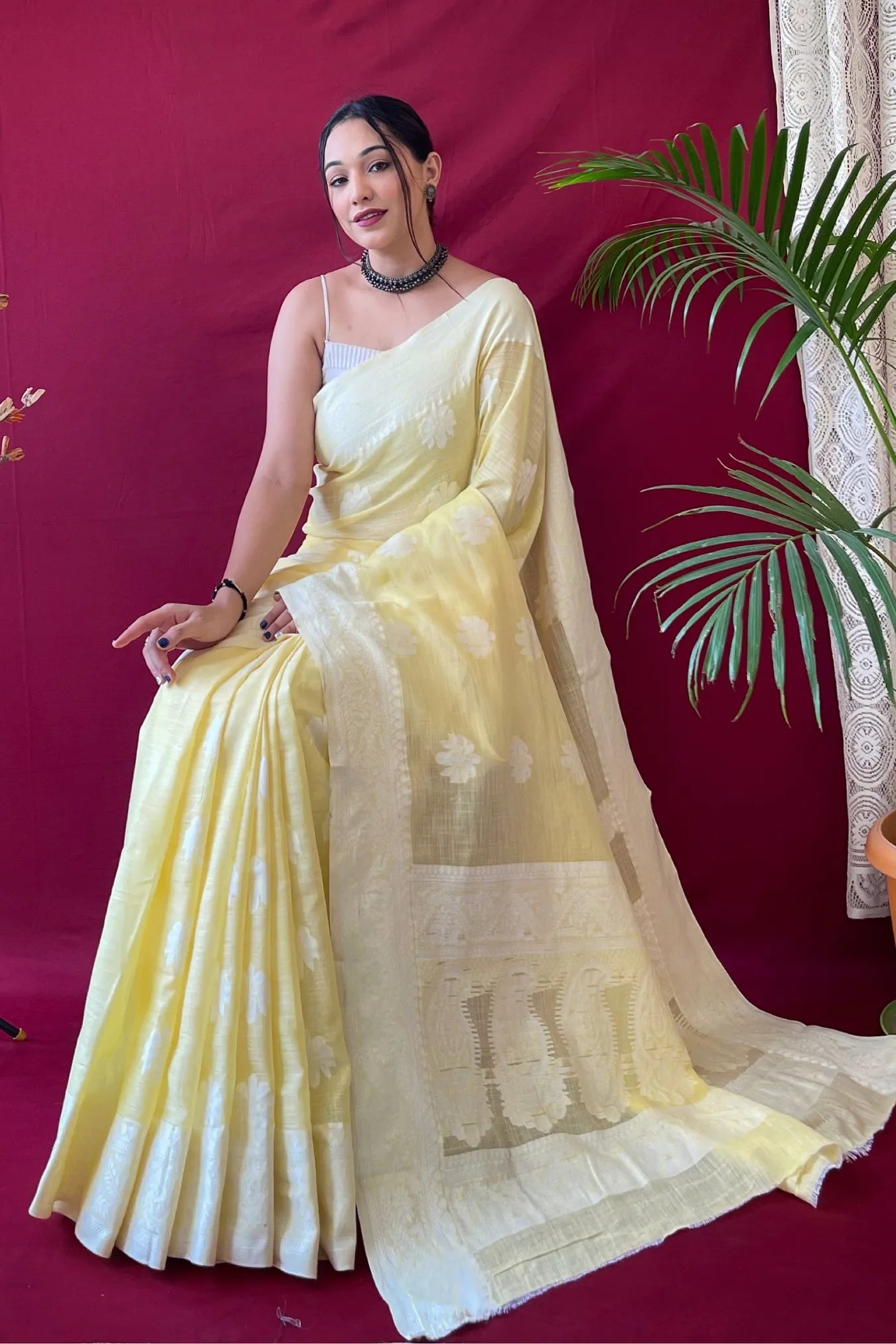 Yellow Colour Lucknowi Linen Cotton Silk Saree