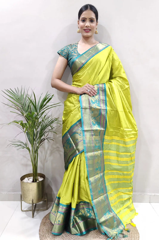 Lime Green Colour Ready To Wear Woven Design Banarasi Silk Saree