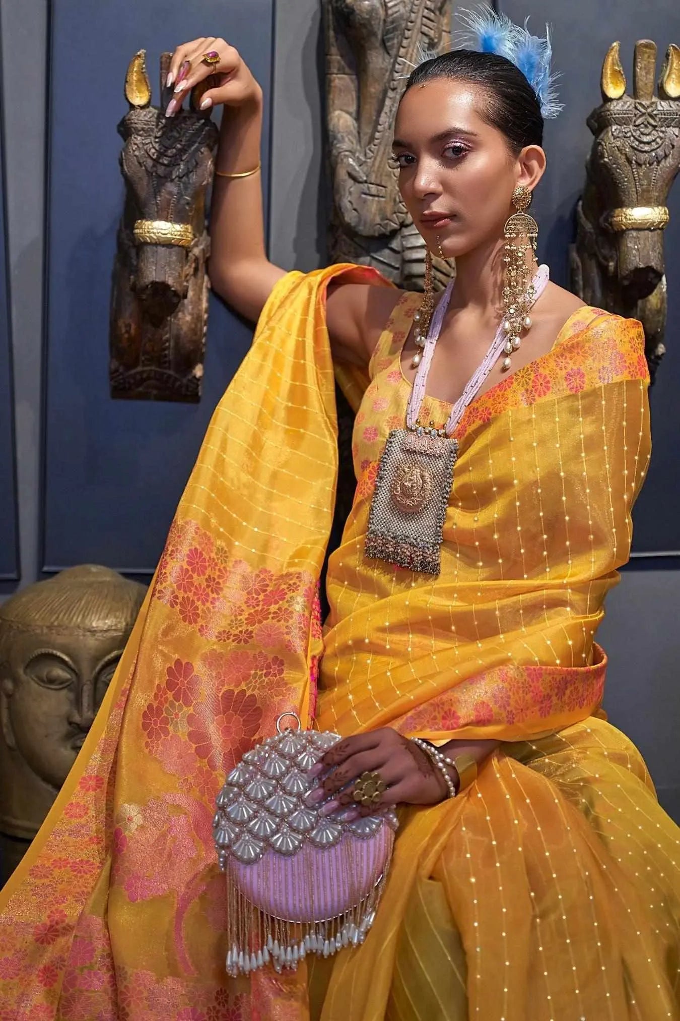 Yellow Colour Zari Woven Bollywood Style Organza Silk Saree