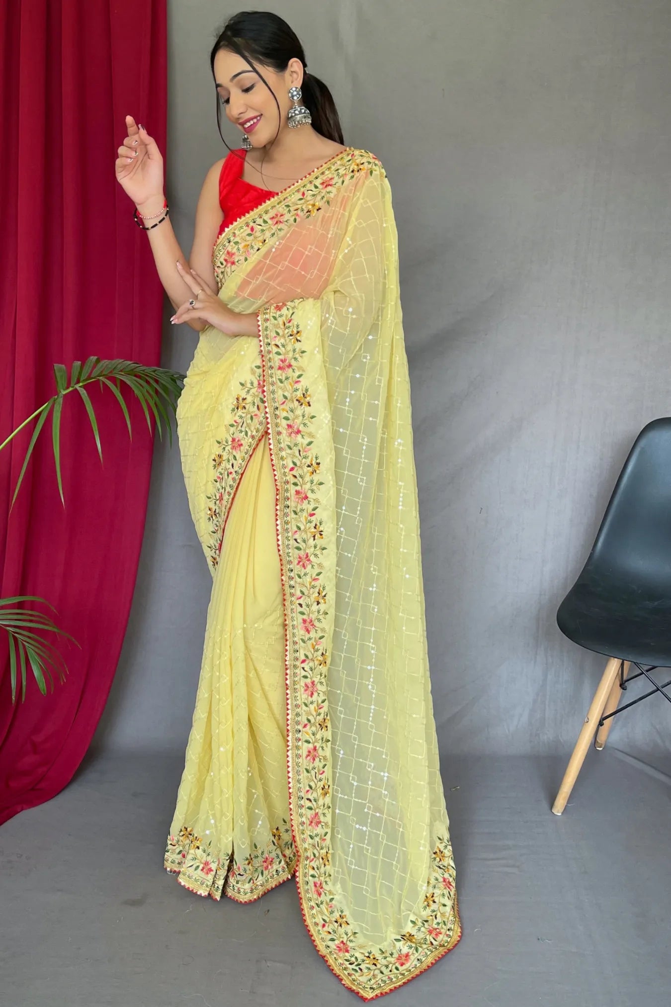 Yellow Colour Georgette Sequins Designer Embroidered Saree