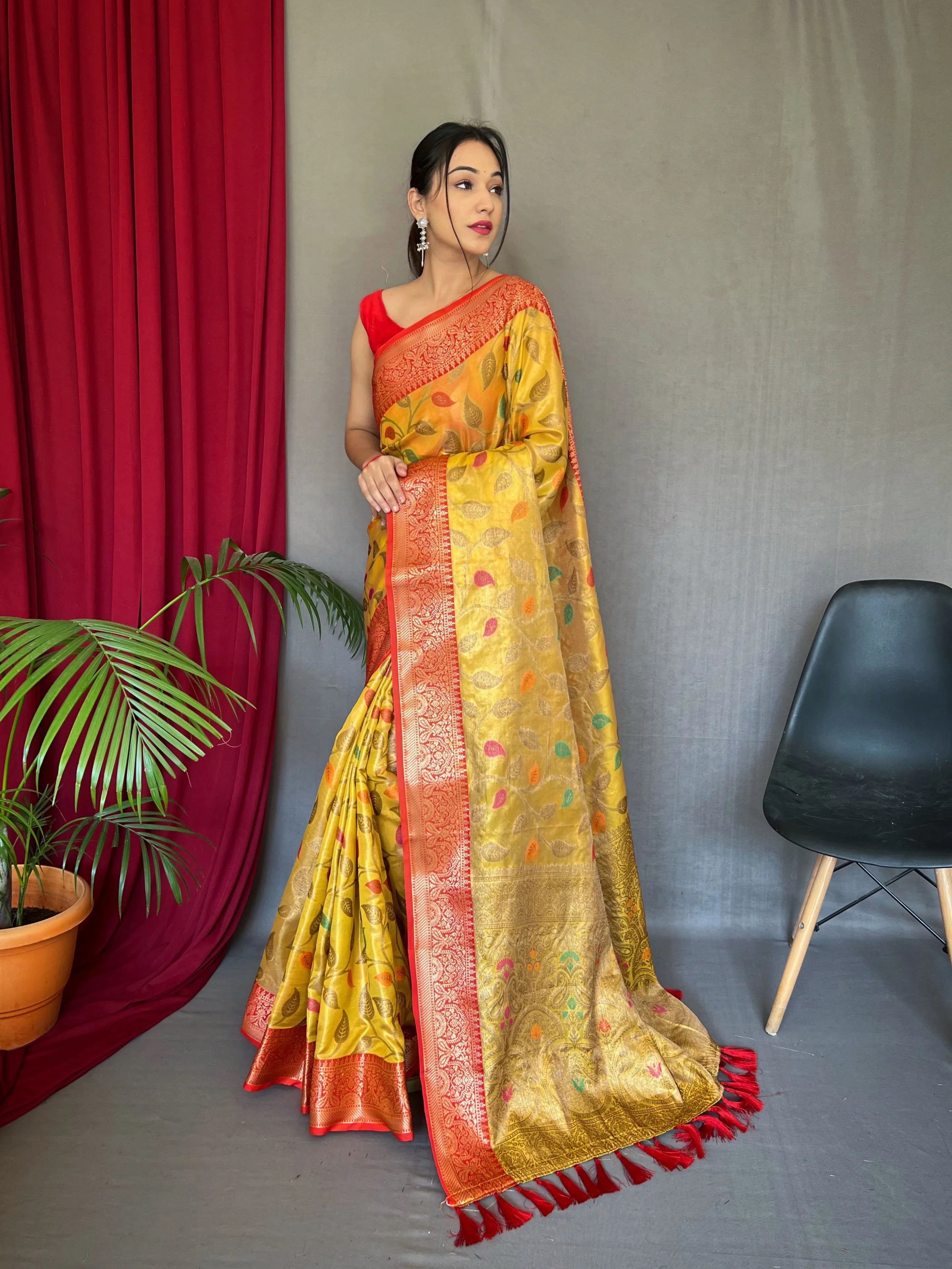 Yellow Colour Kanjivaram Meenakari Woven Tissue Silk Saree
