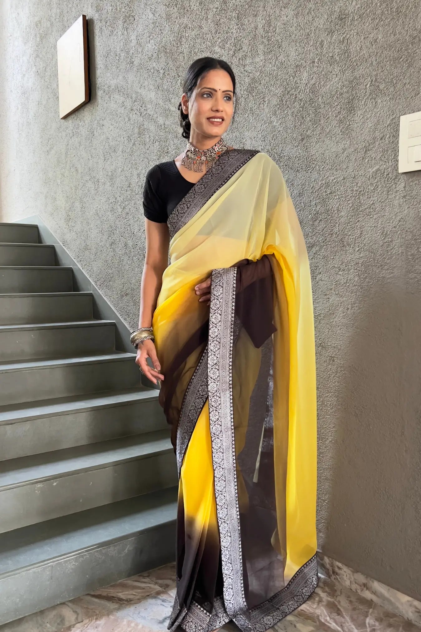 Yellow Colour Georgette Silk Two Shaded Ready To Wear Saree