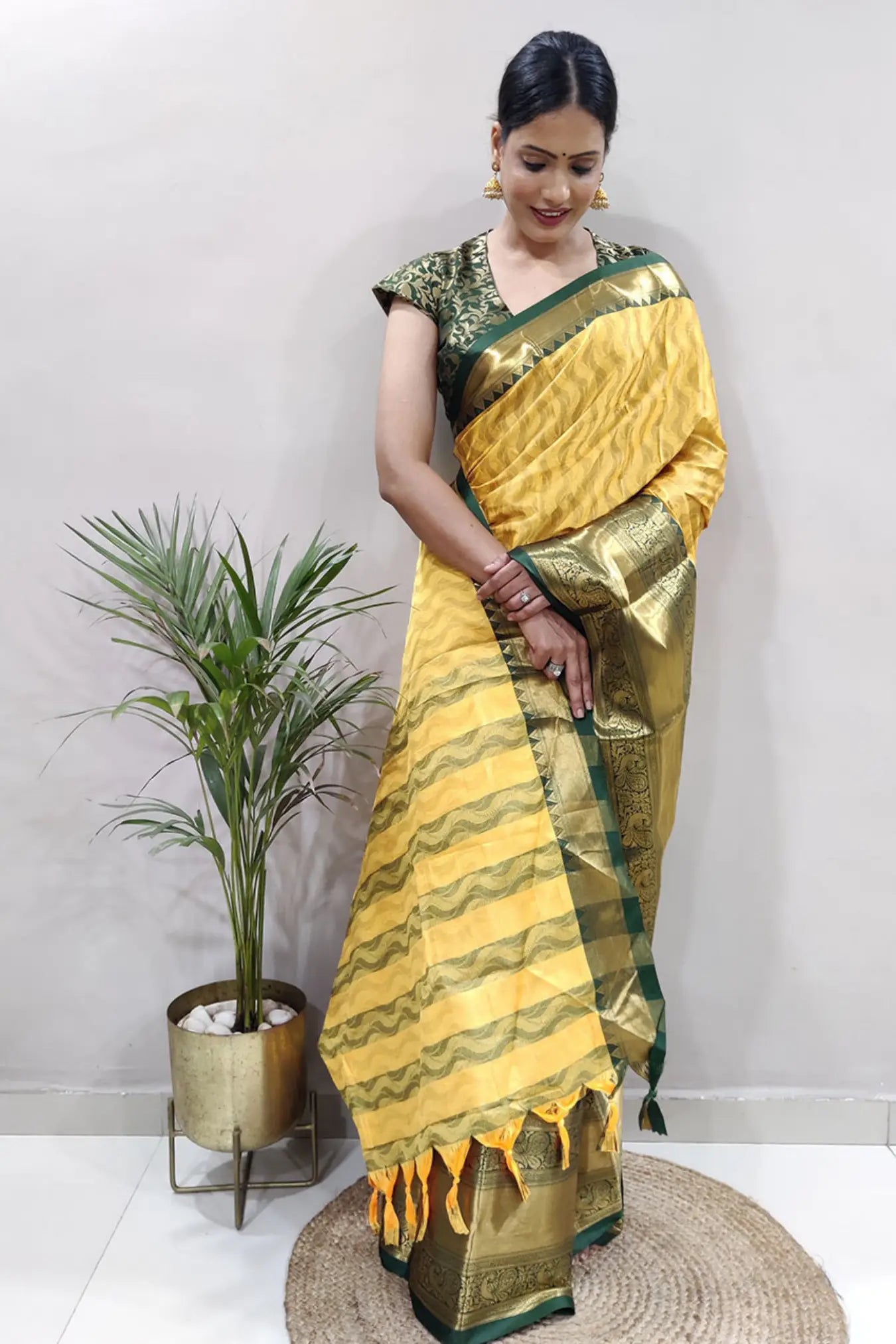 Yellow Colour Ready To Wear Kanjivaram Silk Saree