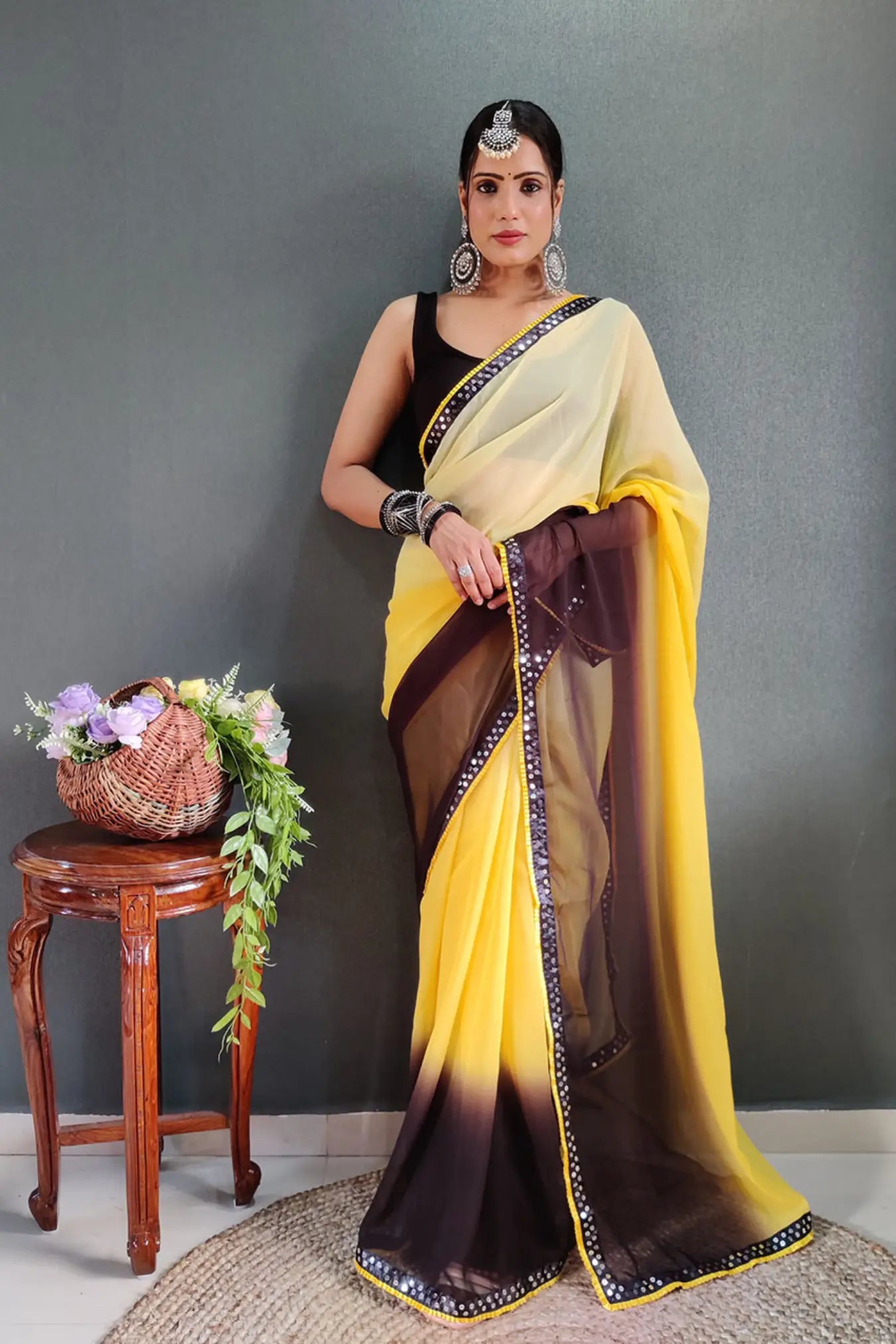 Yellow Colour Ready To Wear Two Colors Shaded Saree