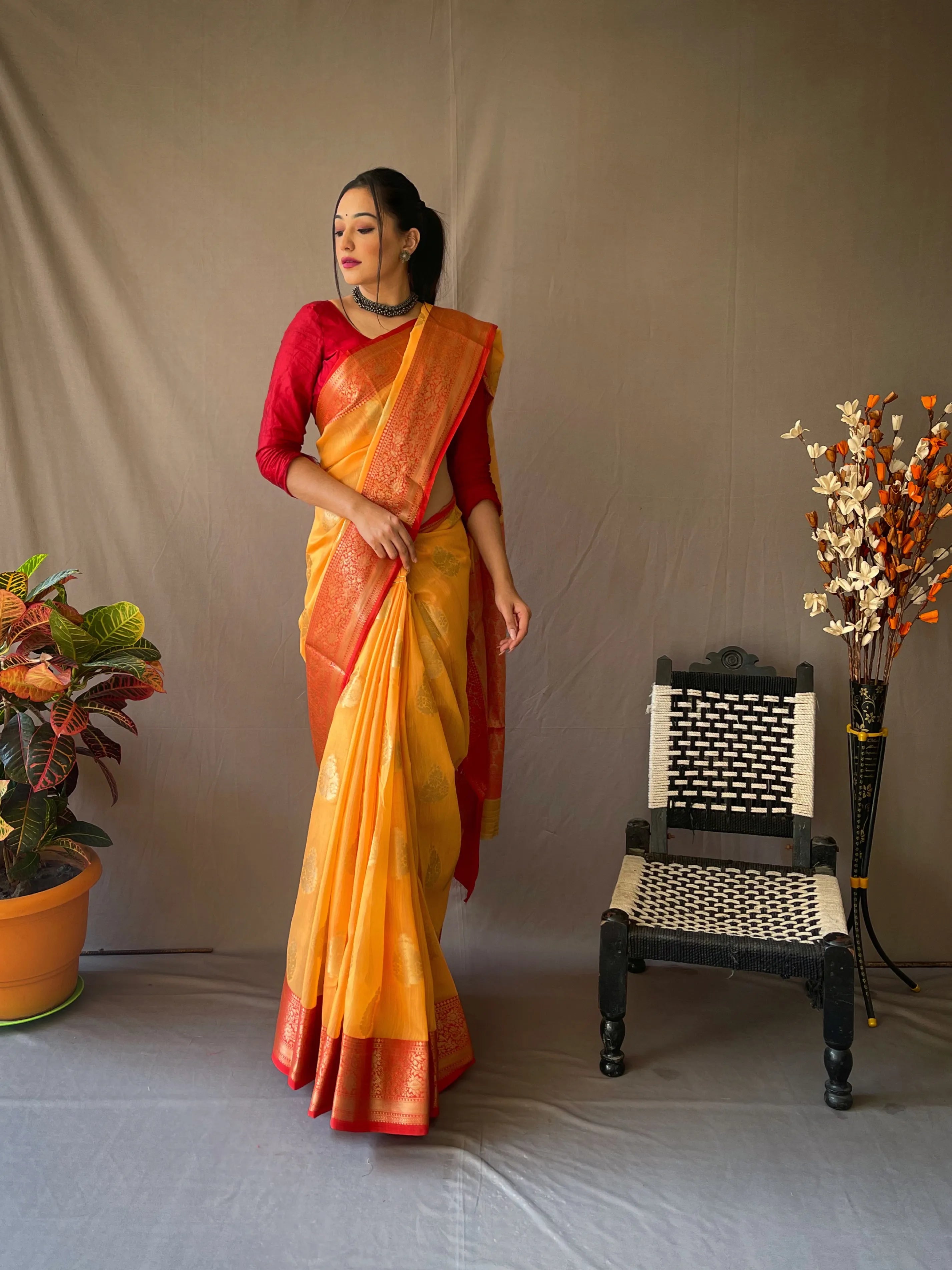 Yellow Colour Zari Weaving Linen Silk Saree