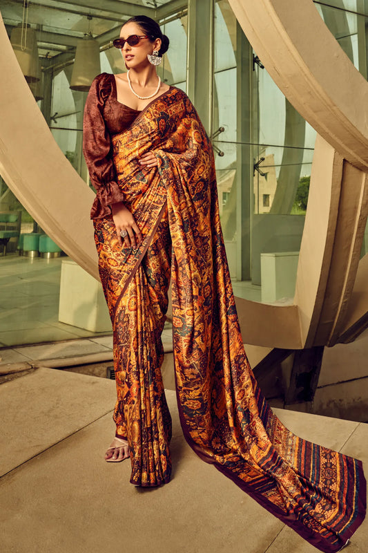 Brown Colour Floral Printed Classic Satin Silk Saree