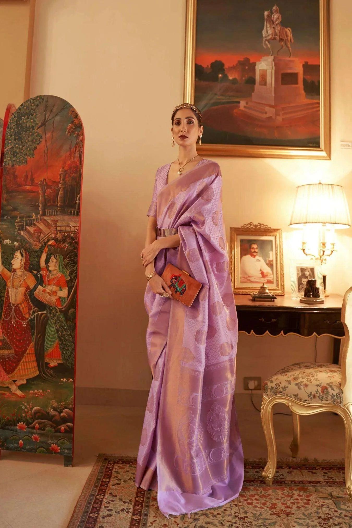 Baby Pink Colour Copper Zari Handloom Weaving Silk Saree