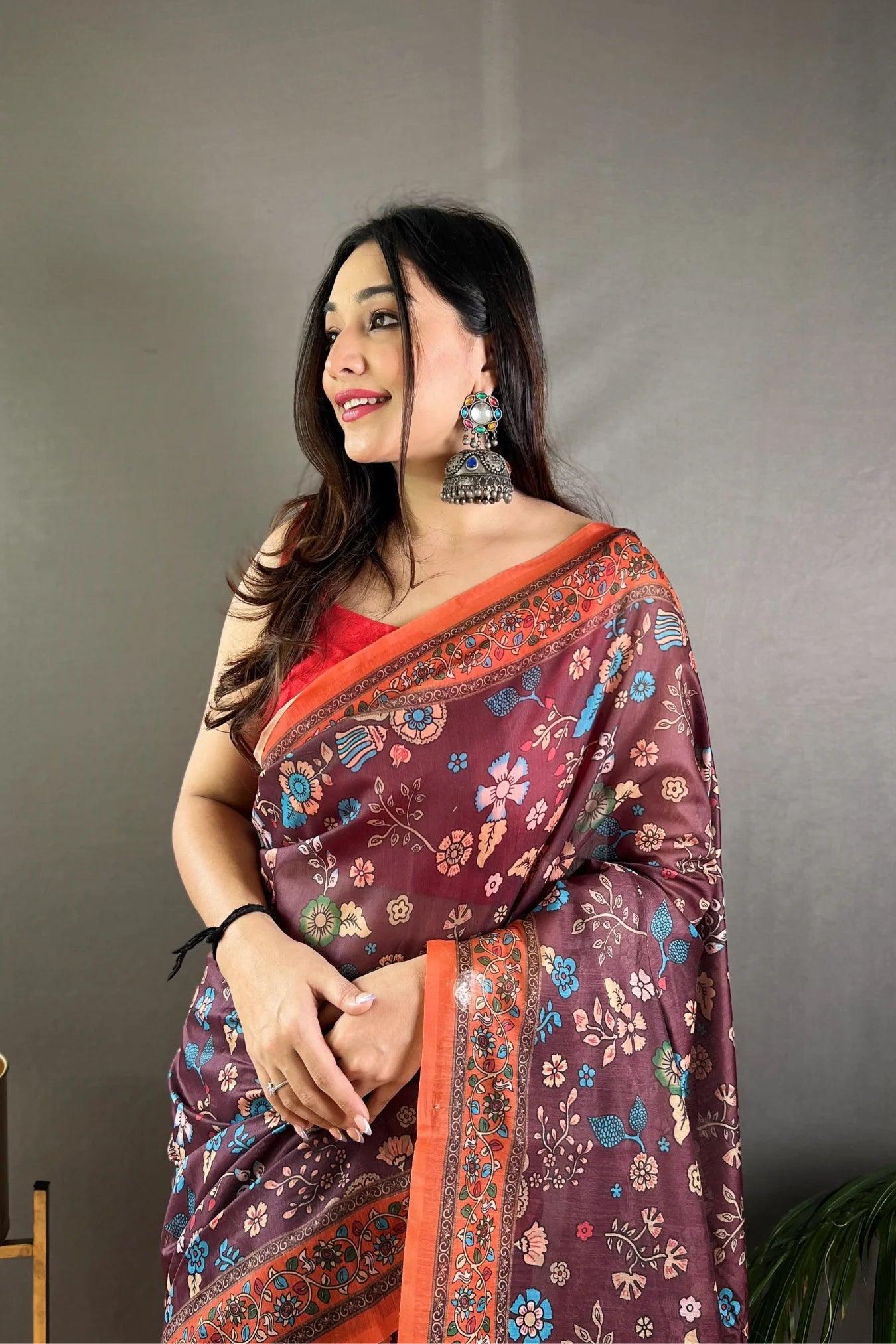 Beautiful Brown Colour Kalamkari Printed Silk Saree