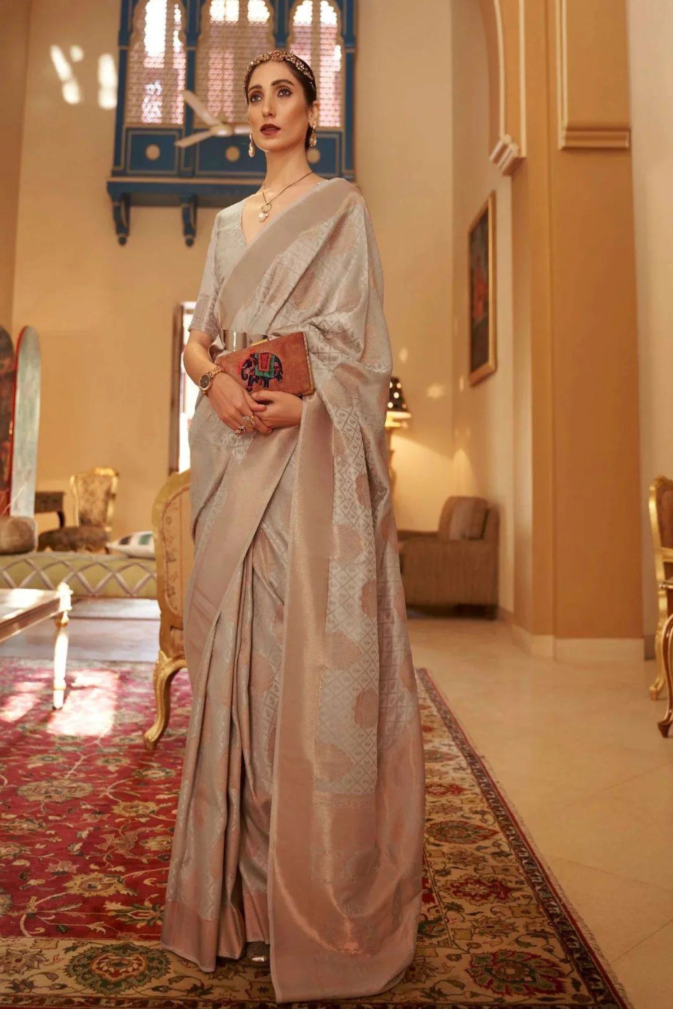 Beige Colour Copper Zari Weaving Handloom Silk Saree