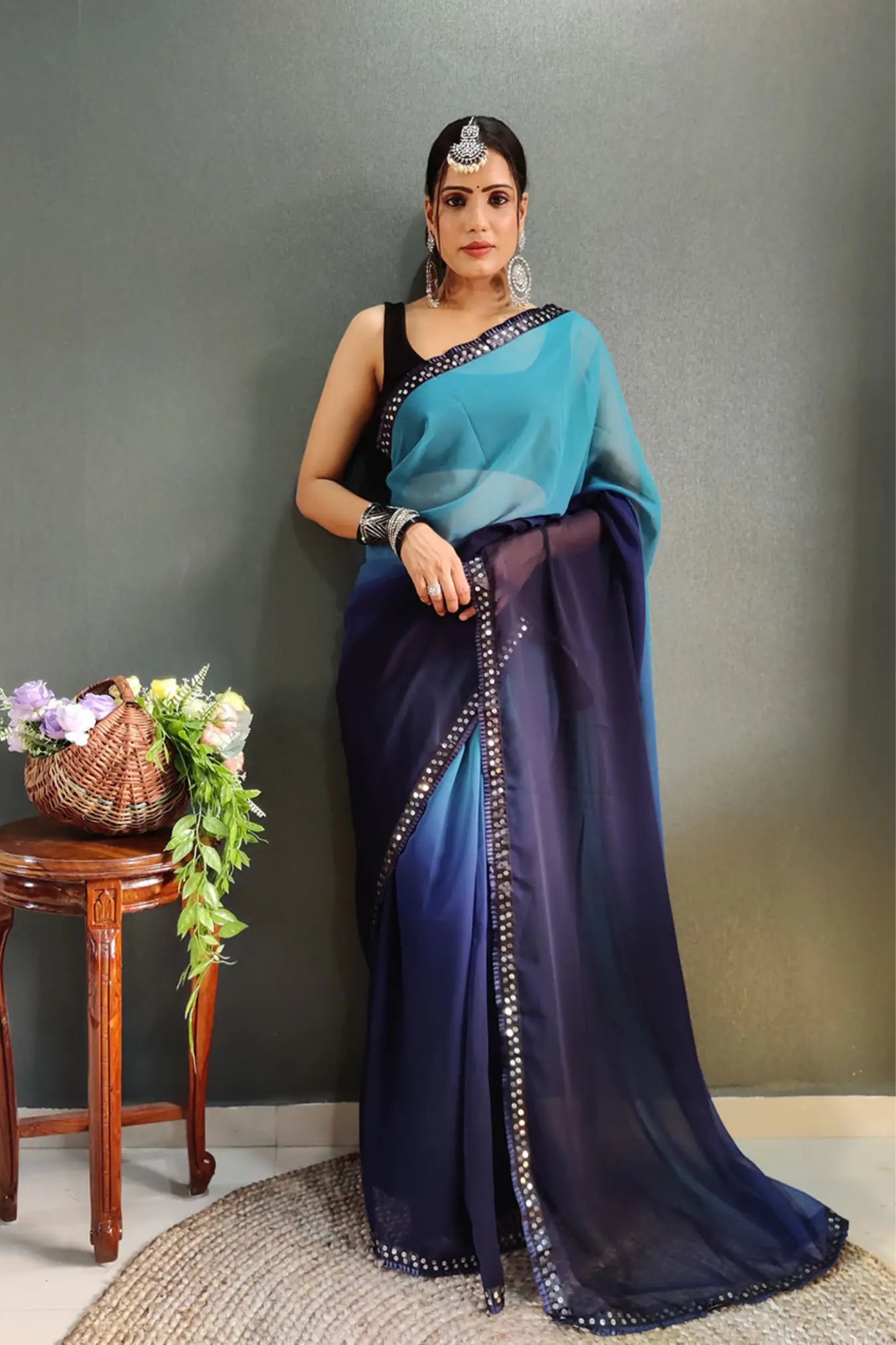 Blue Colour Ready To Wear Two Colors Shaded Saree