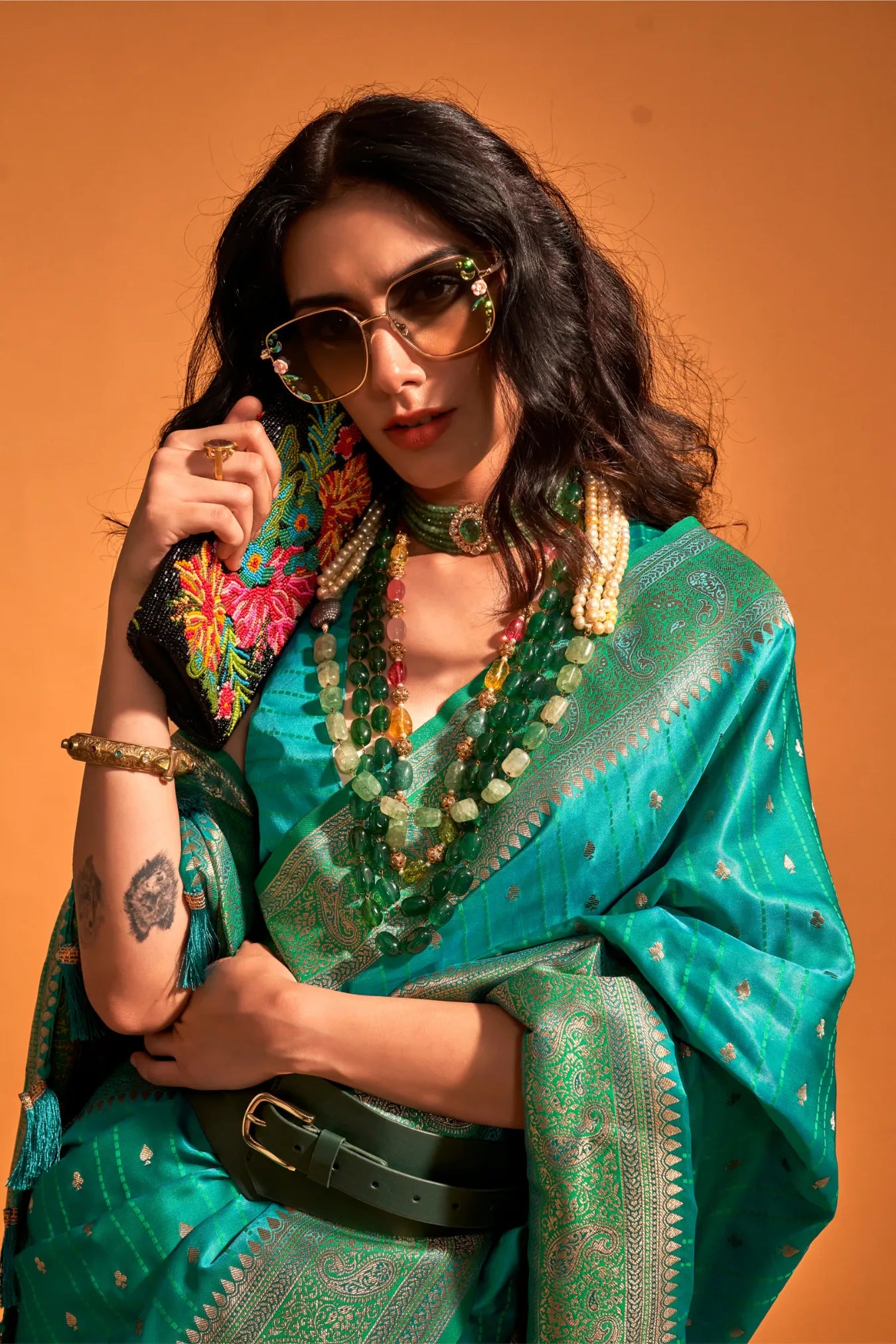 Bottle Green Colour Floral Weaving Satin Silk Saree