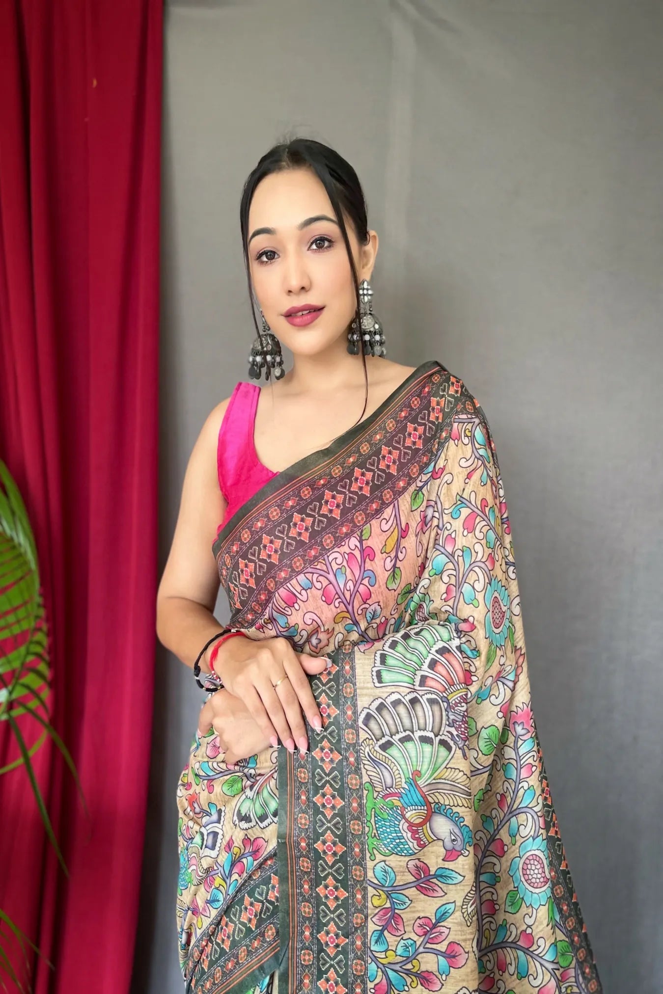 Cream Colour Cotton Kalamkari Printed Silk Saree