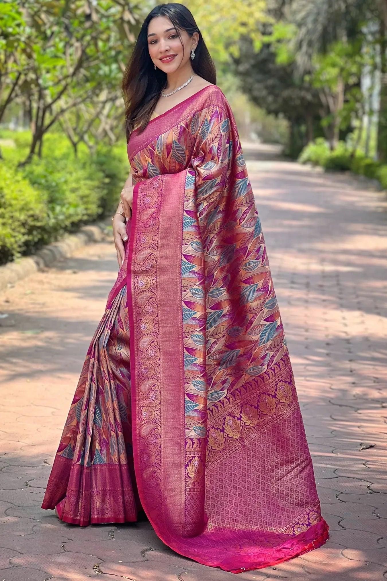 Dark Pink Colour Leaf Floral Designer Kanjivaram Silk Saree