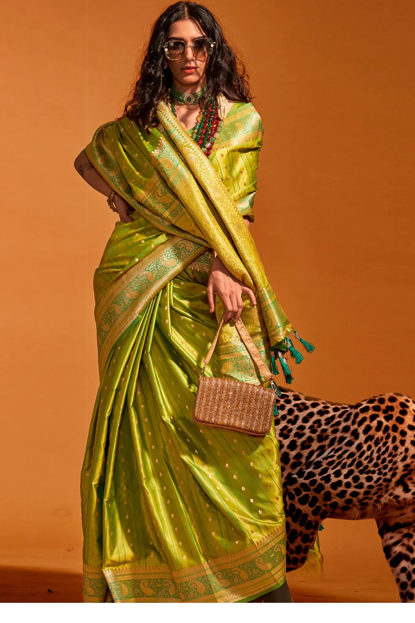 Green Colour Floral Weaving Design Satin Silk Saree