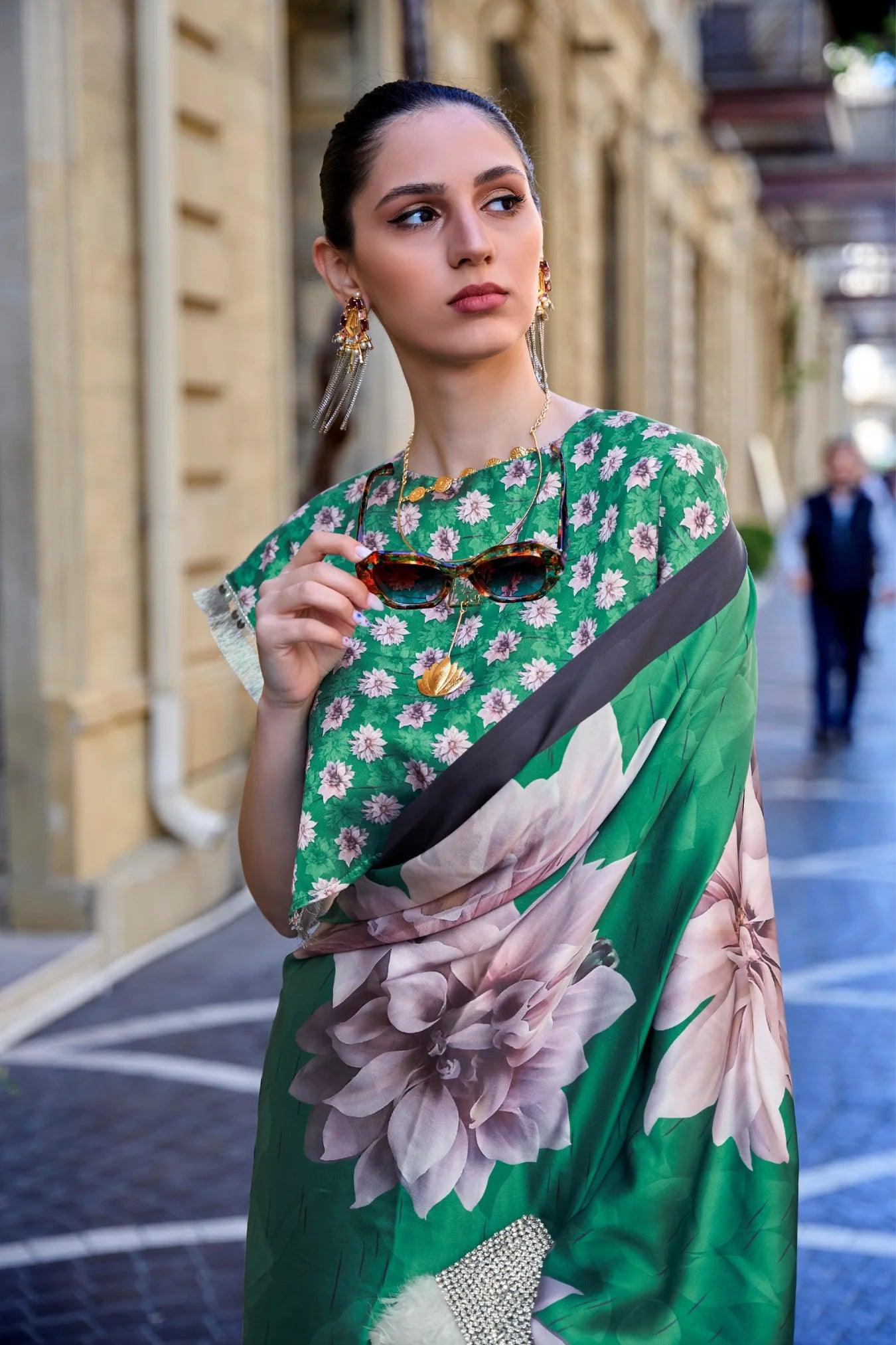 Green Colour Georgette Printed Silk Saree 