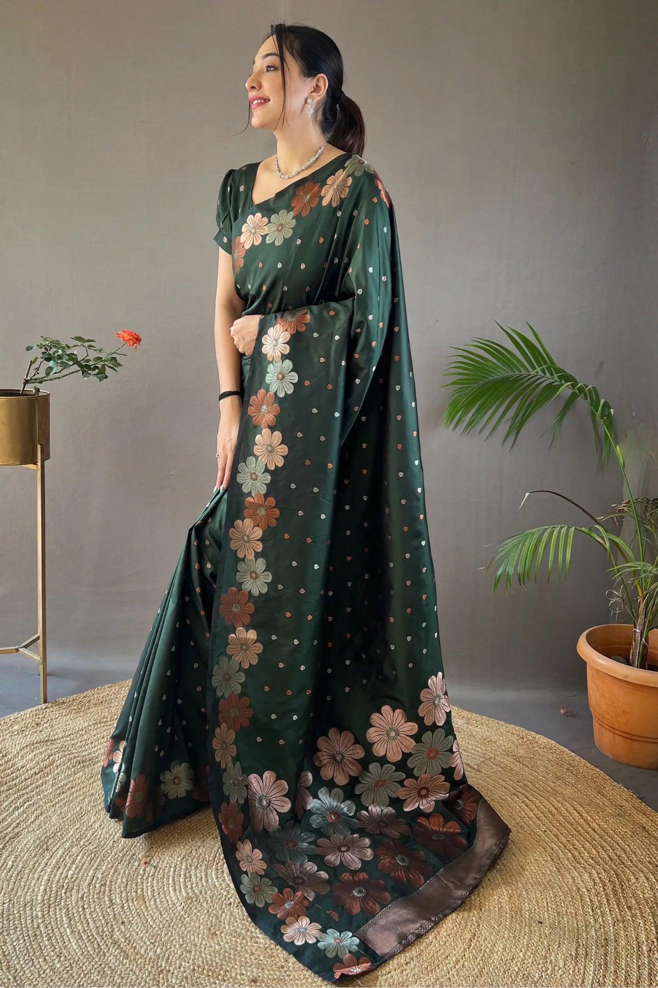 Green Colour Floral Weaving Banarasi Silk Saree