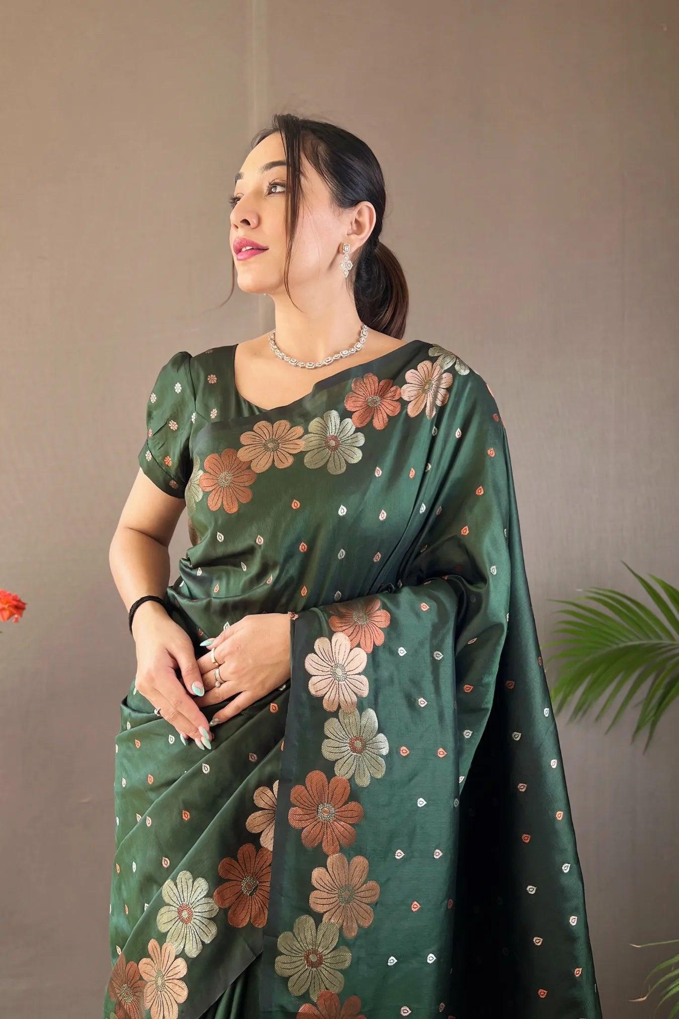 Green Colour Floral Weaving Banarasi Silk Saree
