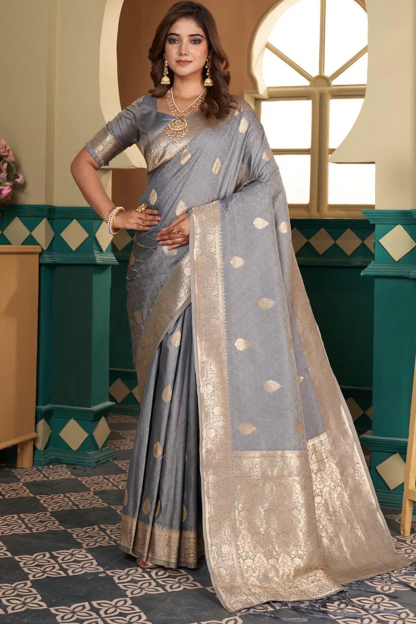 Grey Colour Floral Woven Kanjivaram Silk Saree 