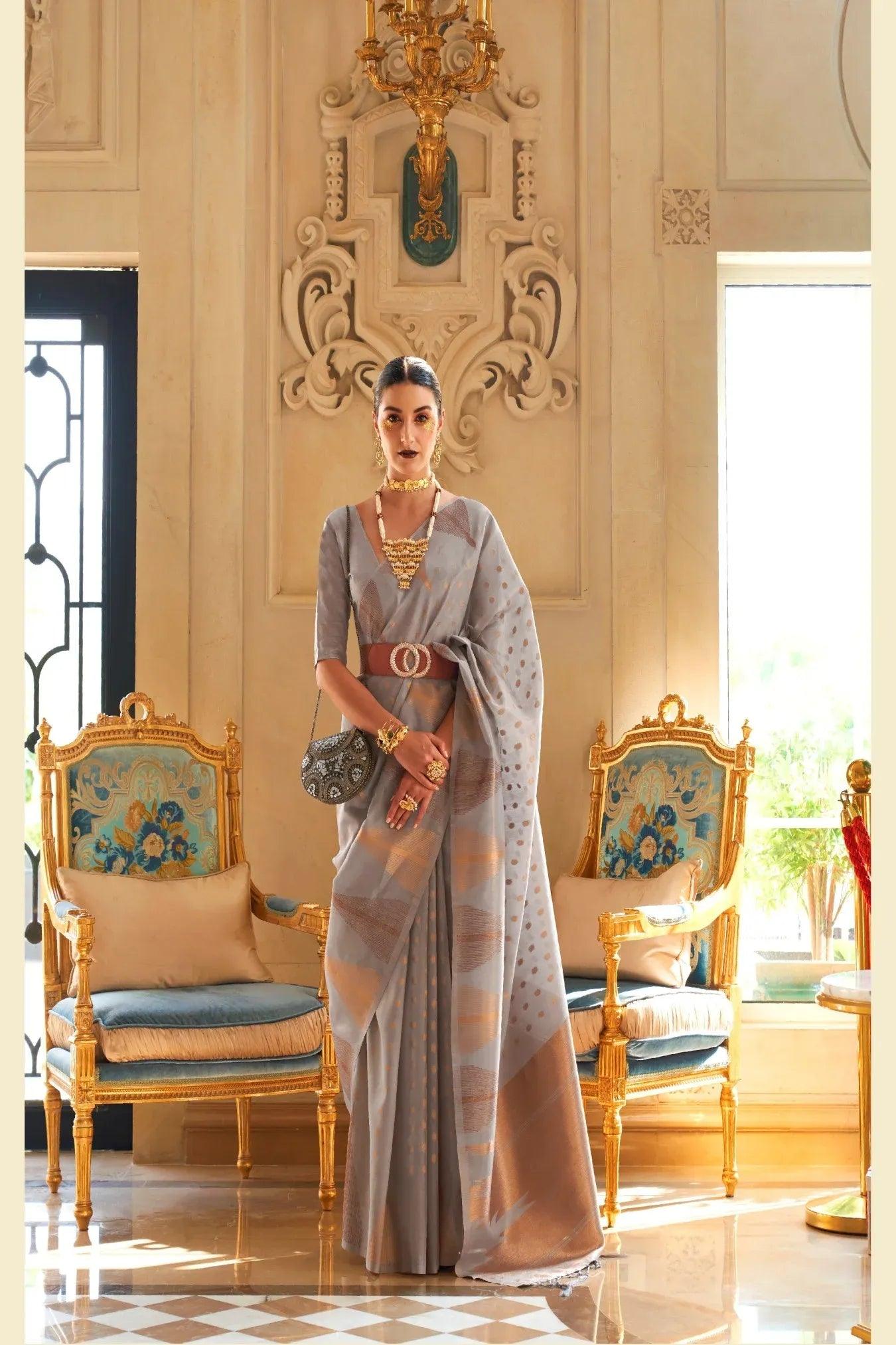 Grey Colour Zari Weaving Tissue Silk Saree