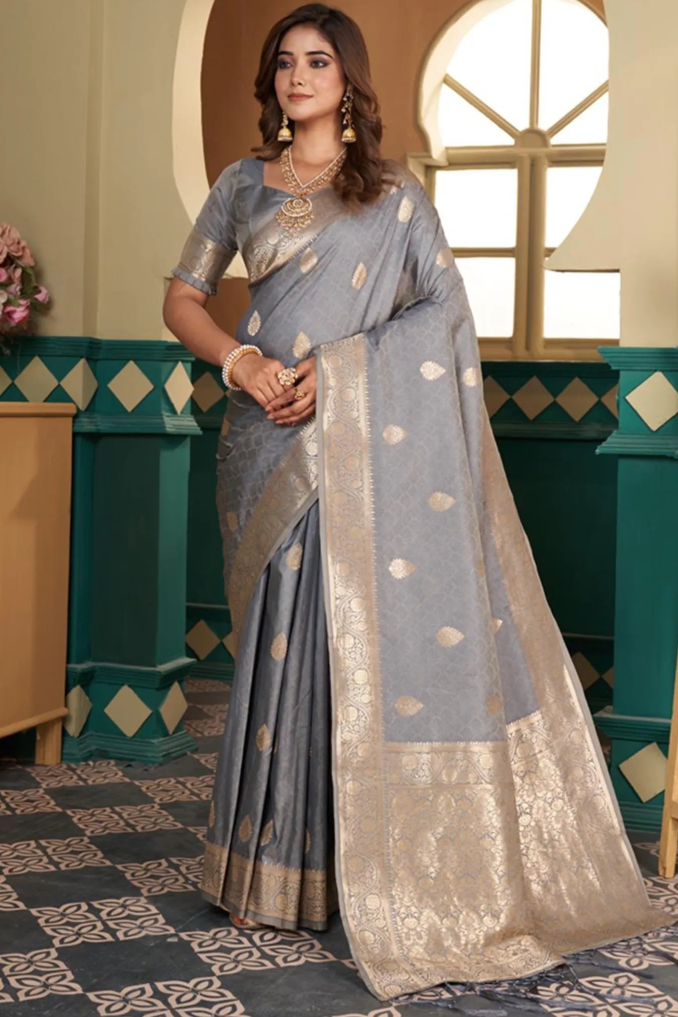 Grey Colour Floral Woven Kanjivaram Silk Saree