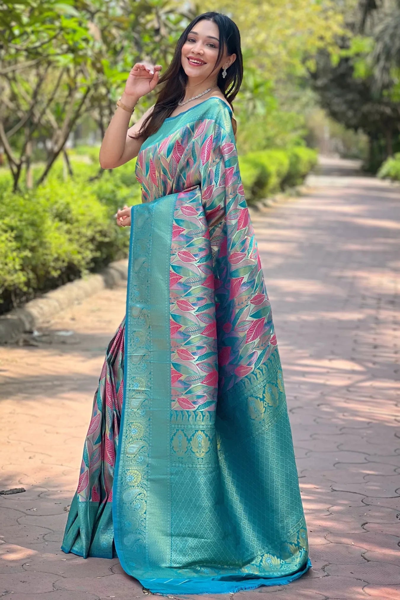 Light Blue Colour Leaf Floral Designer Kanjivaram Silk Saree