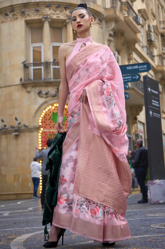 Light Pink Colour Floral Printed Traditional Silk Saree