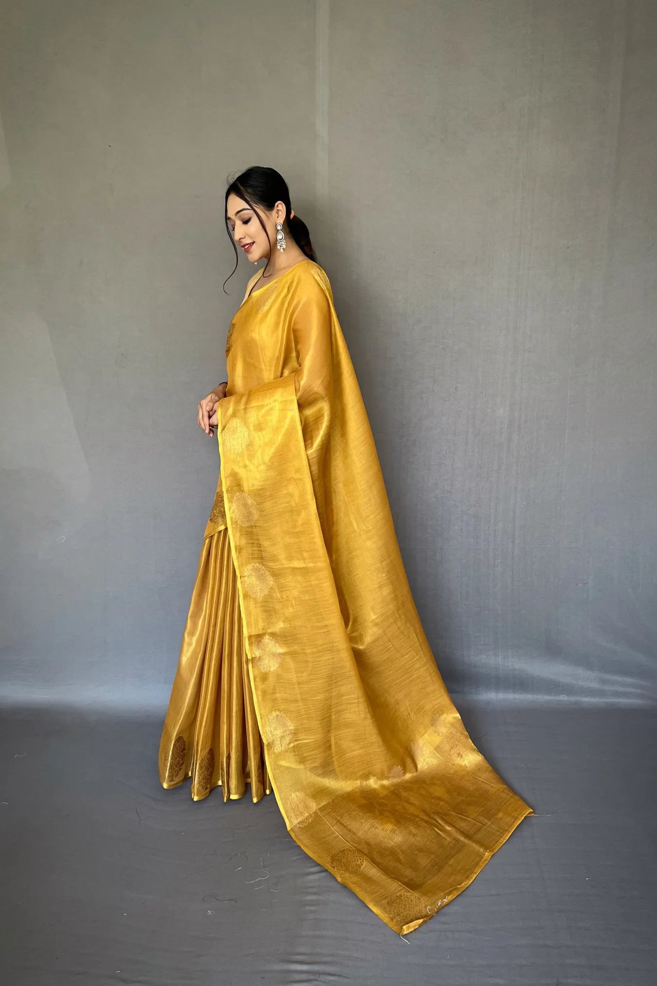 Light Yellow Colour Organza Zari Woven Tissue Silk Saree