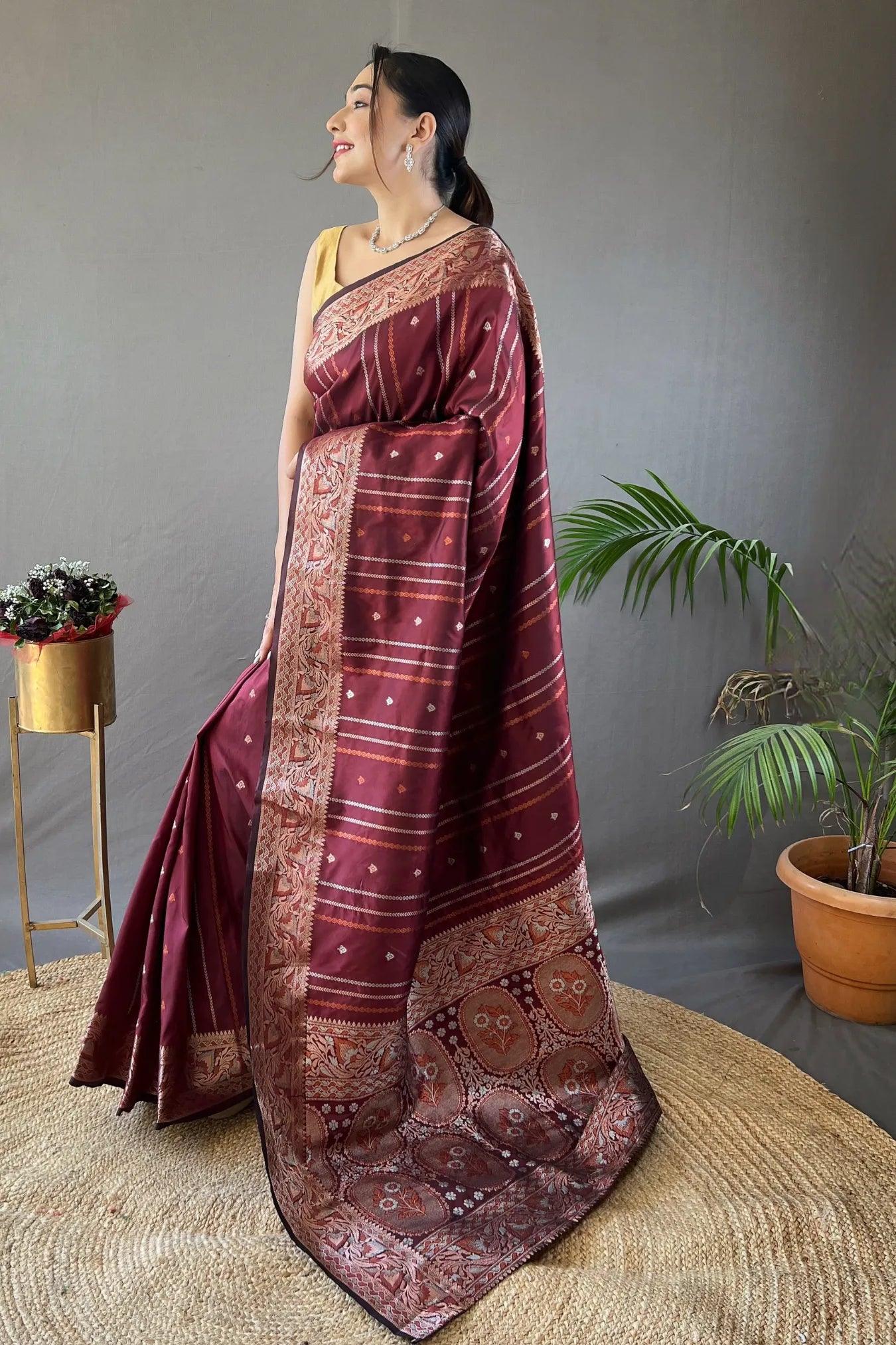 Maroon Colour Kanjivaram Lining Zari Weaving Designer Silk Saree