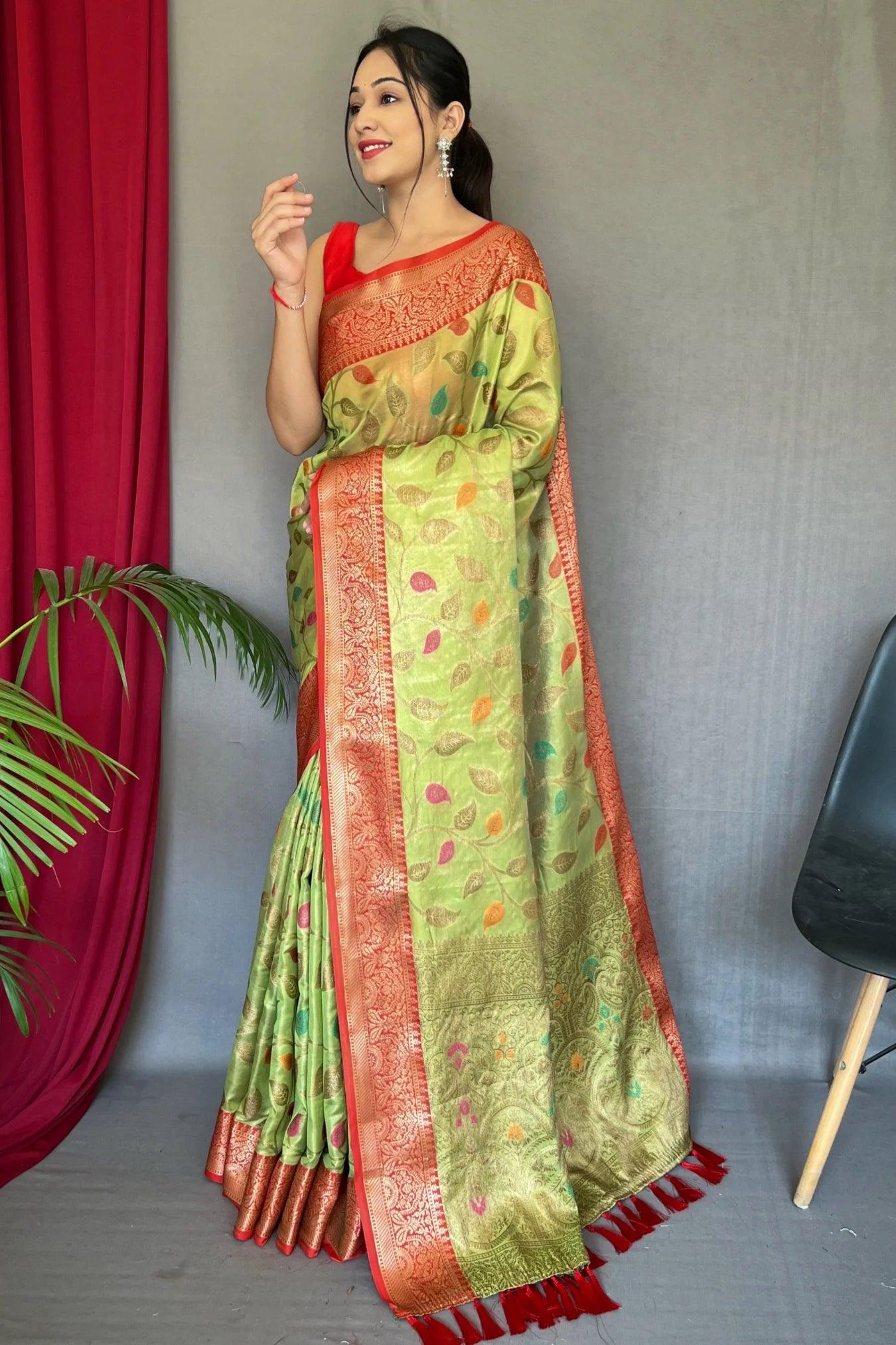 Light Green Colour Meenakari Woven Kanjivaram Tissue Silk Saree
