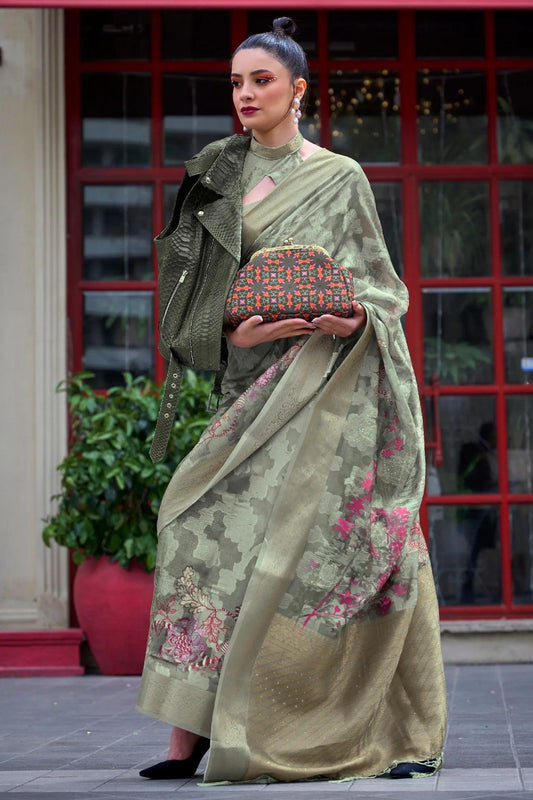 Mehendi Green Colour Traditional Floral Printed Silk Saree