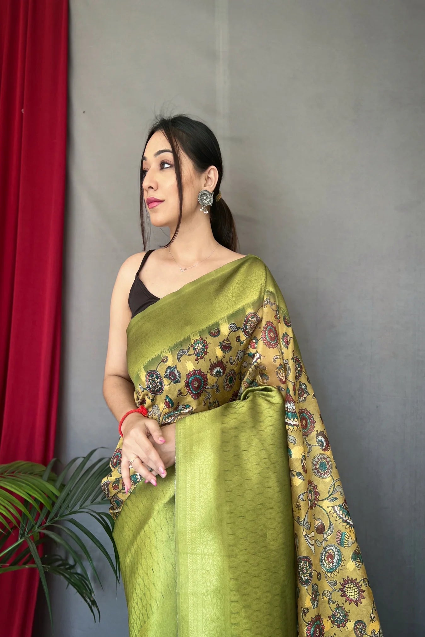 Mehendi Green Colour Kalamkari Digital Printed Silk Saree