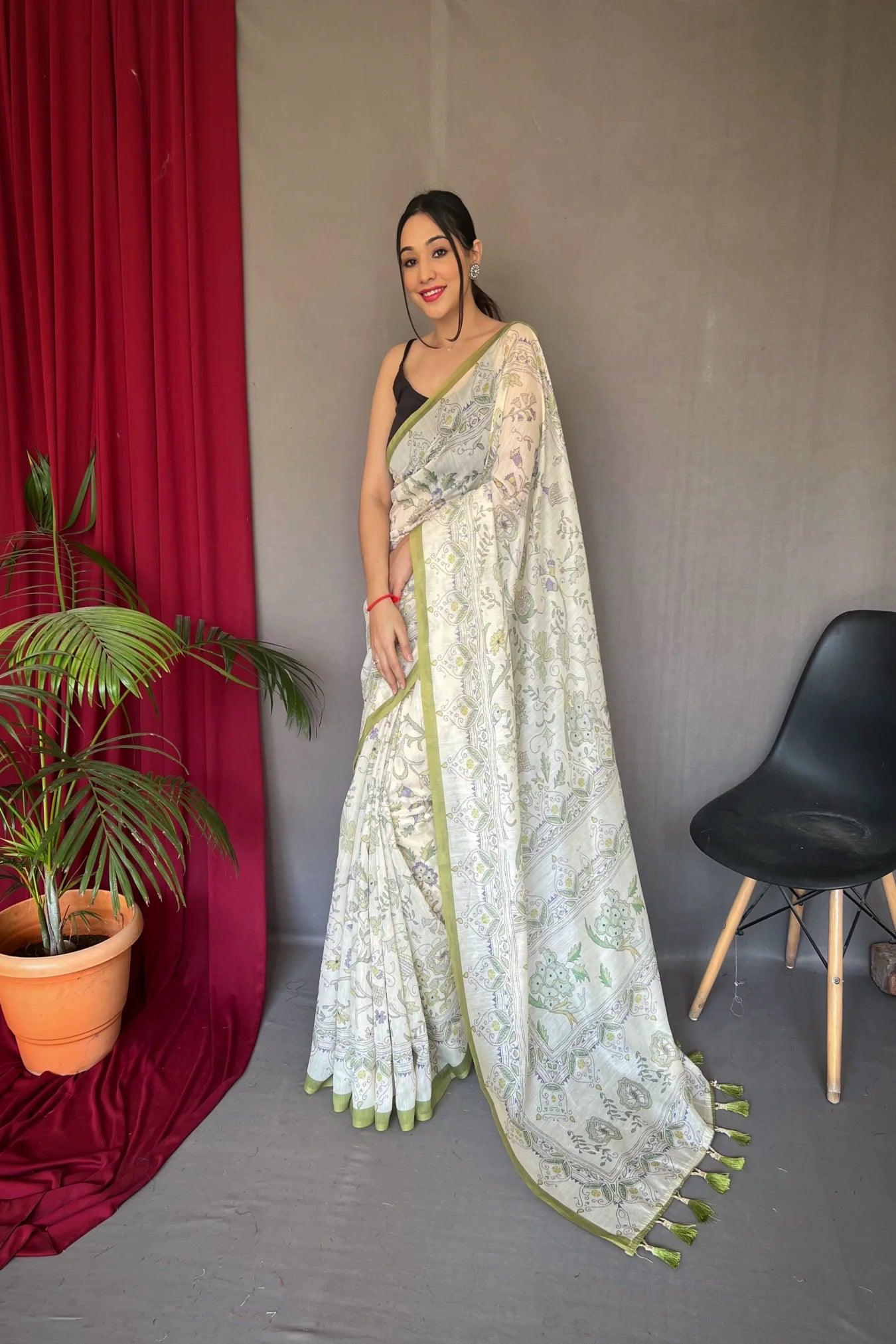 Off White Colour Cotton Katha Kalamkari Printed Silk Saree
