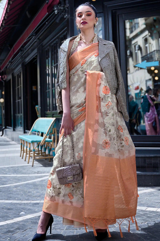 Orange Colour Traditional Floral Printed Silk Saree