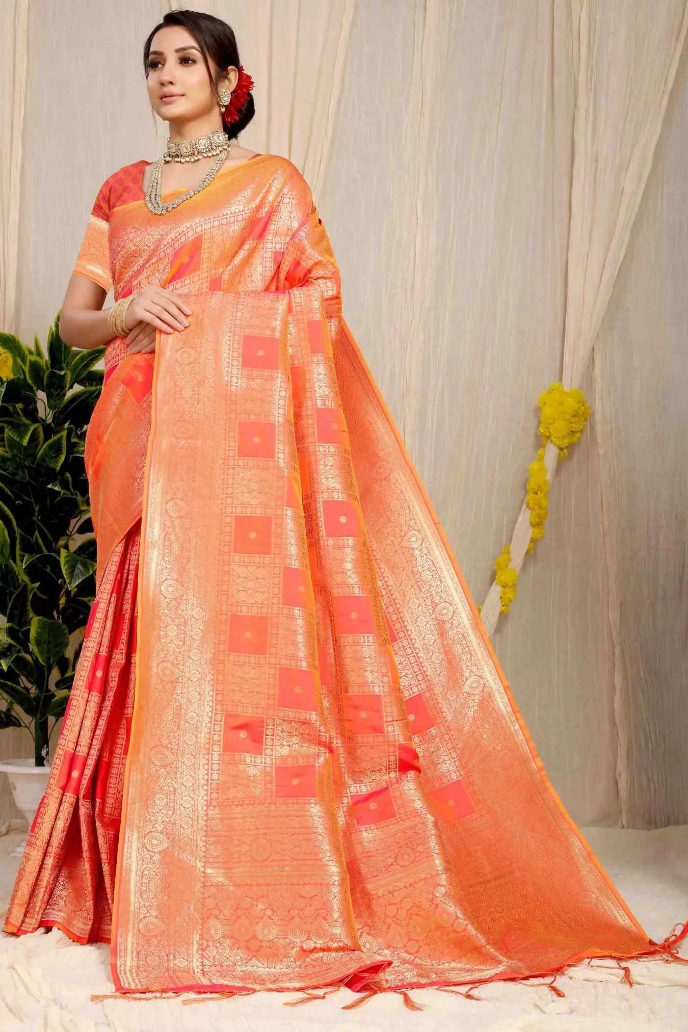 Orange Colour Elegant Kanjivaram Handloom Silk Saree