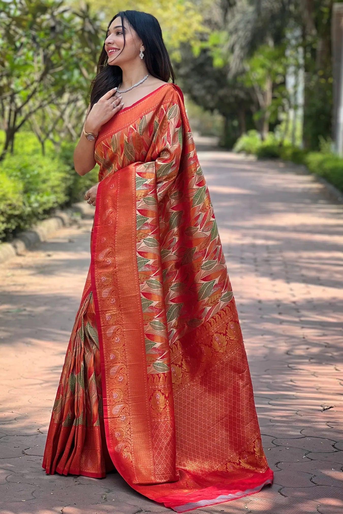 Orange Colour Leaf Floral Designer Kanjivaram Silk Saree