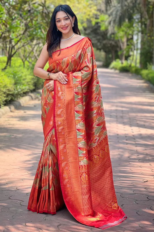 Orange Colour Leaf Floral Designer Kanjivaram Silk Saree