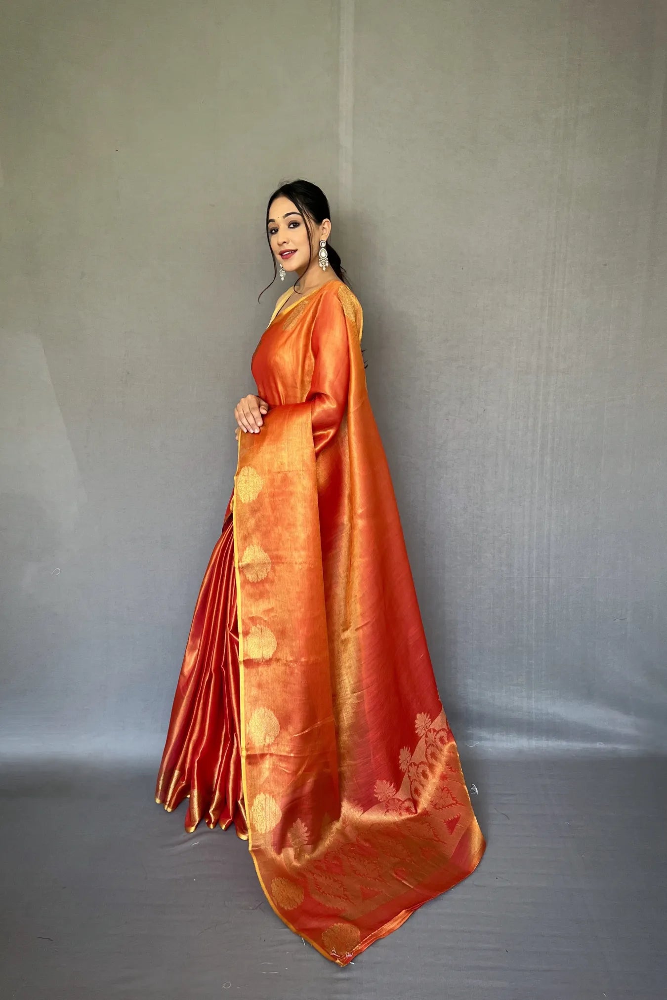 Orange Colour Organza Tissue Silk Zari Weaving Saree